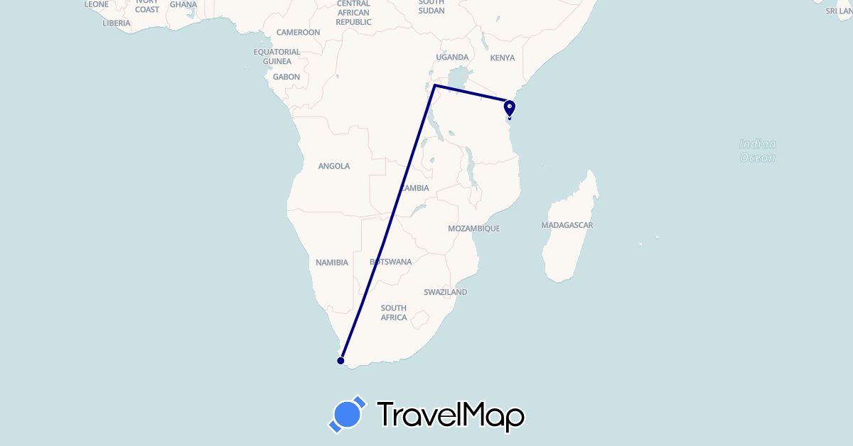 TravelMap itinerary: driving in Kenya, Rwanda, Tanzania, South Africa (Africa)